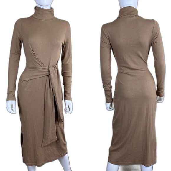Ralph Lauren Womens Size M Camel Tie Front Turtleneck Sweater Bodycon Midi Dress